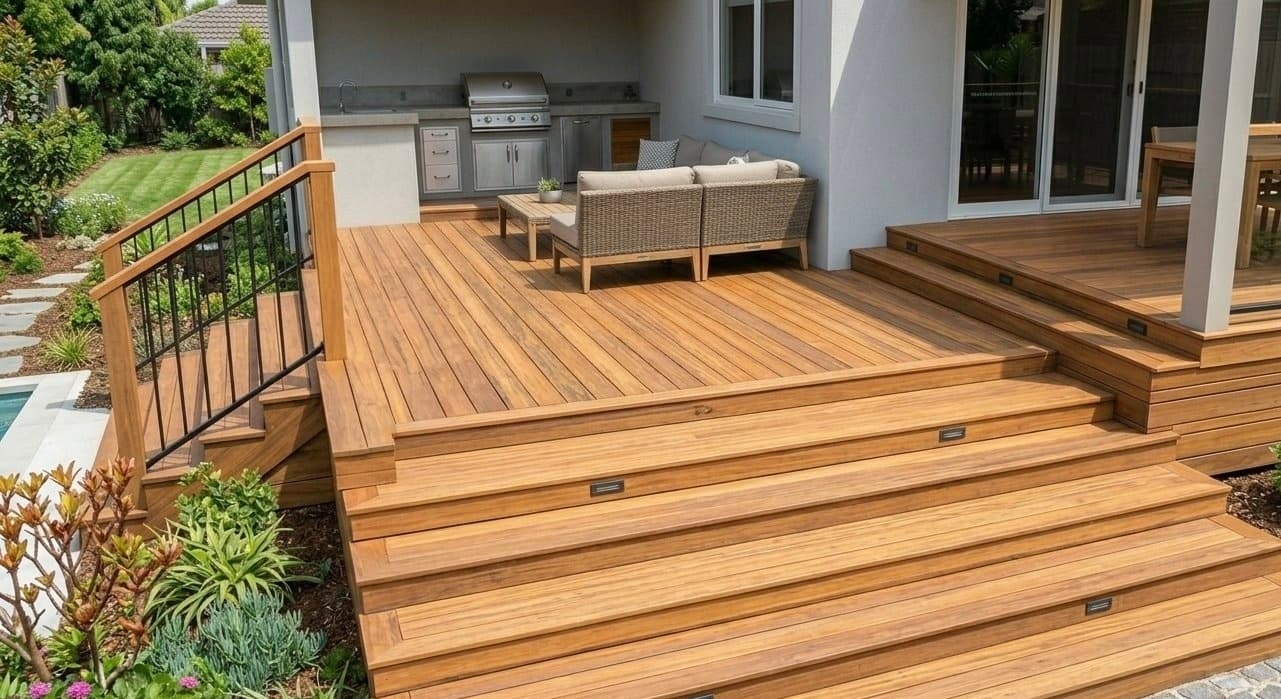 Freshly refreshed timber deck on a Tamarama home with ocean horizon