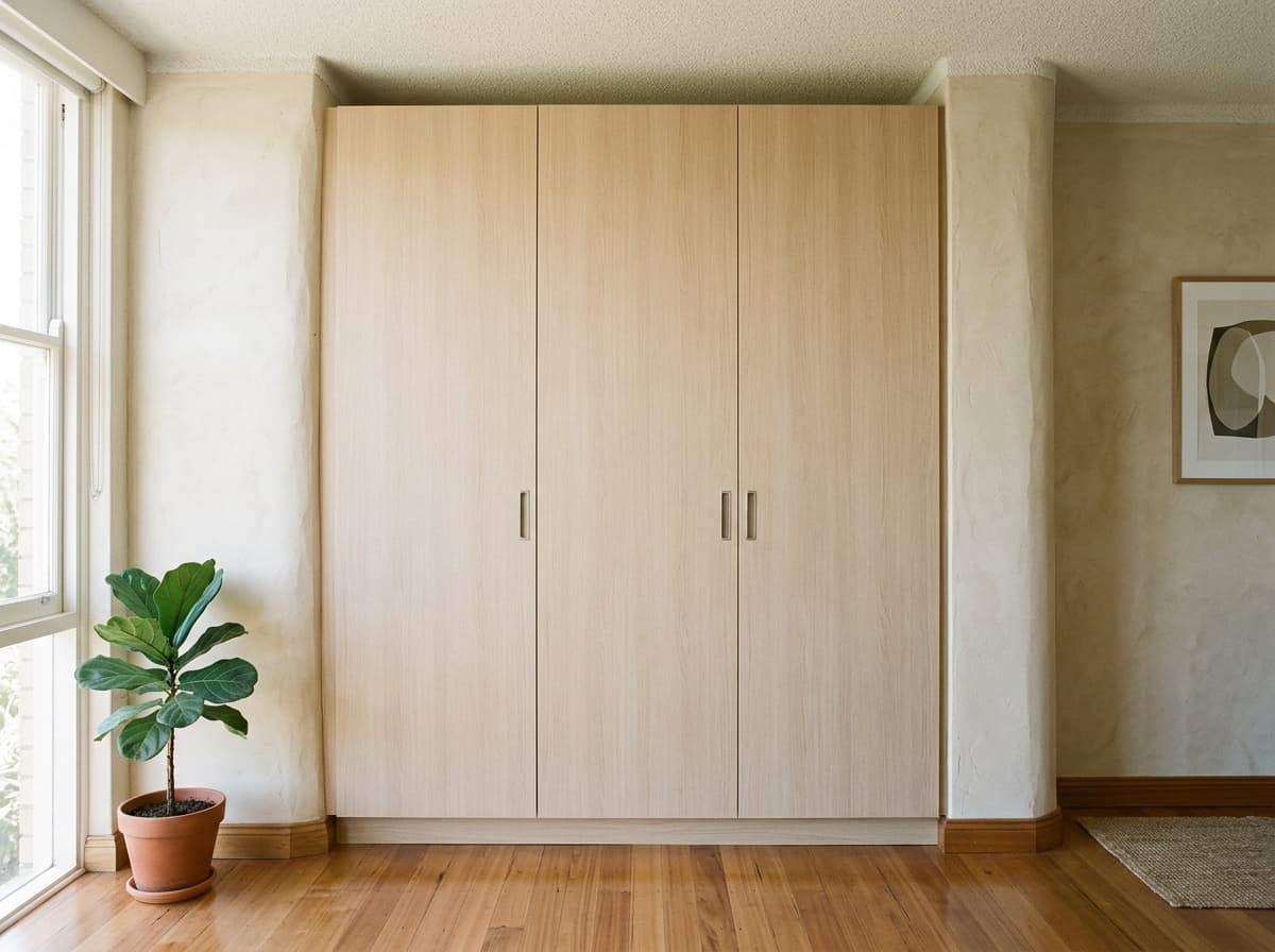 Three-door PAX wardrobe wall scribed into a Notts Avenue Bondi Beach 1970s flat