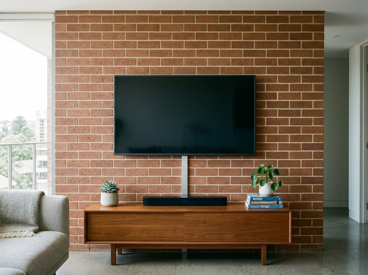 TV mounted on a sandstock face-brick wall in a Bondi Junction tower lounge